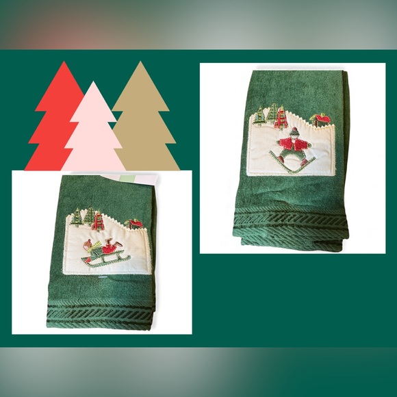 Christmas Embroidered Green Guest Towel Set NWT - Picture 2 of 12